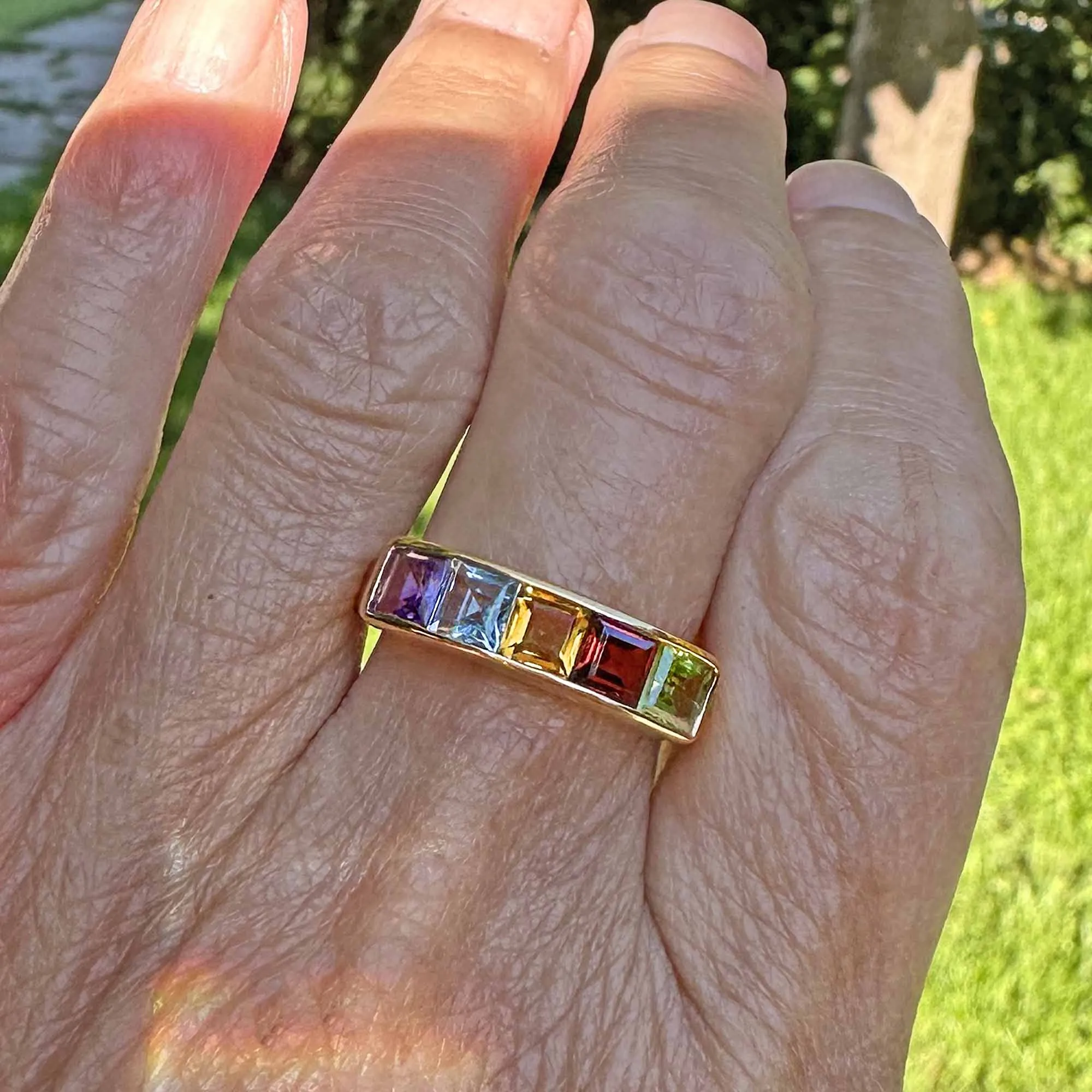 Vintage Five Stone Multi Gemstone Gold Ring Band