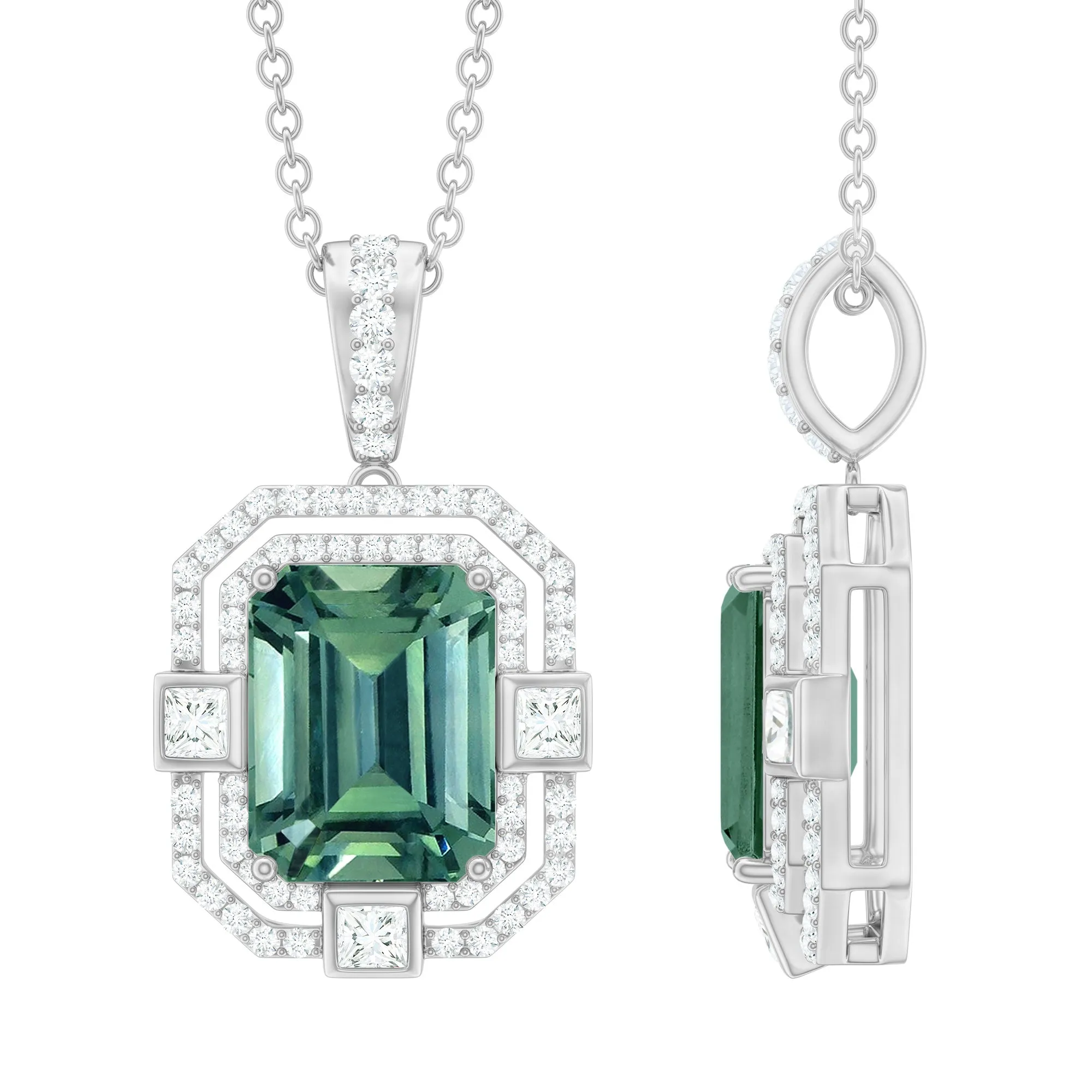 Vintage Style Octagon Created Green Sapphire Pendant with Moissanite
