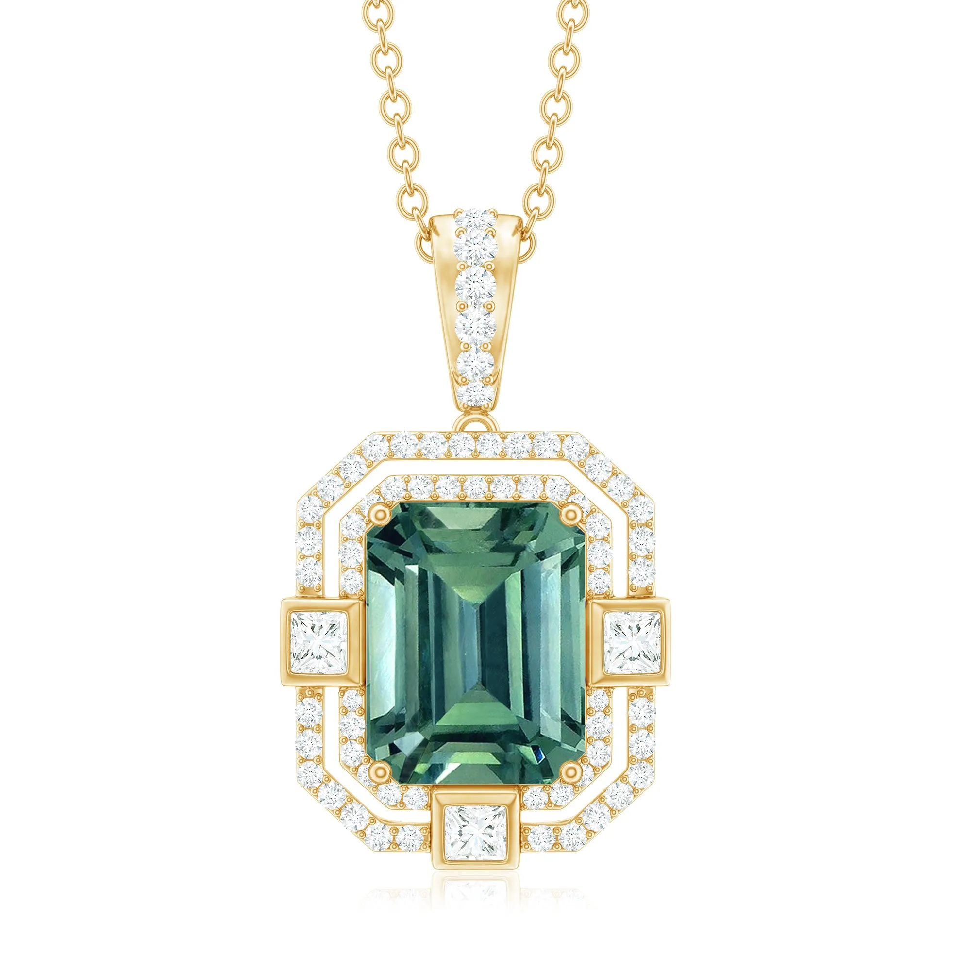 Vintage Style Octagon Created Green Sapphire Pendant with Moissanite