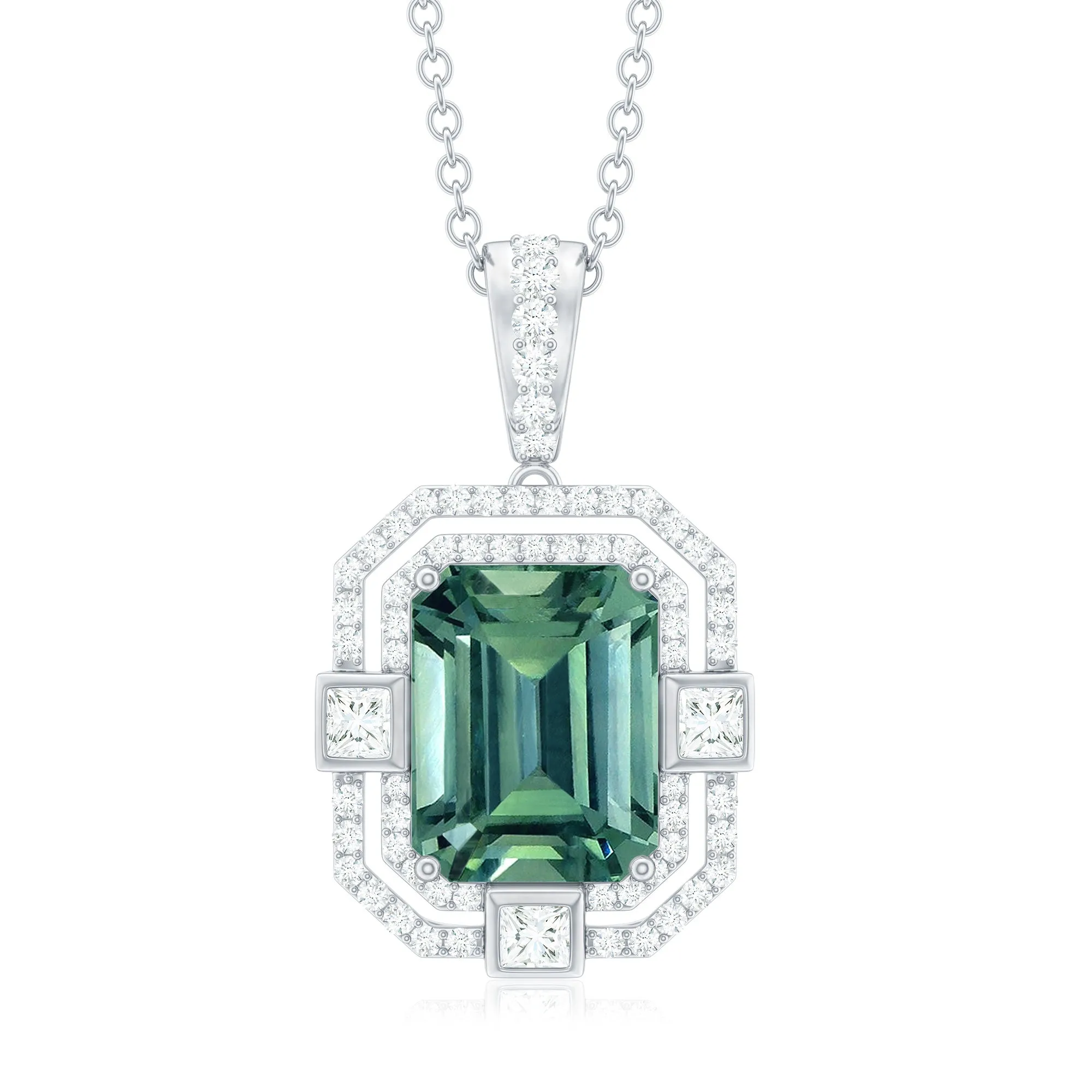 Vintage Style Octagon Created Green Sapphire Pendant with Moissanite
