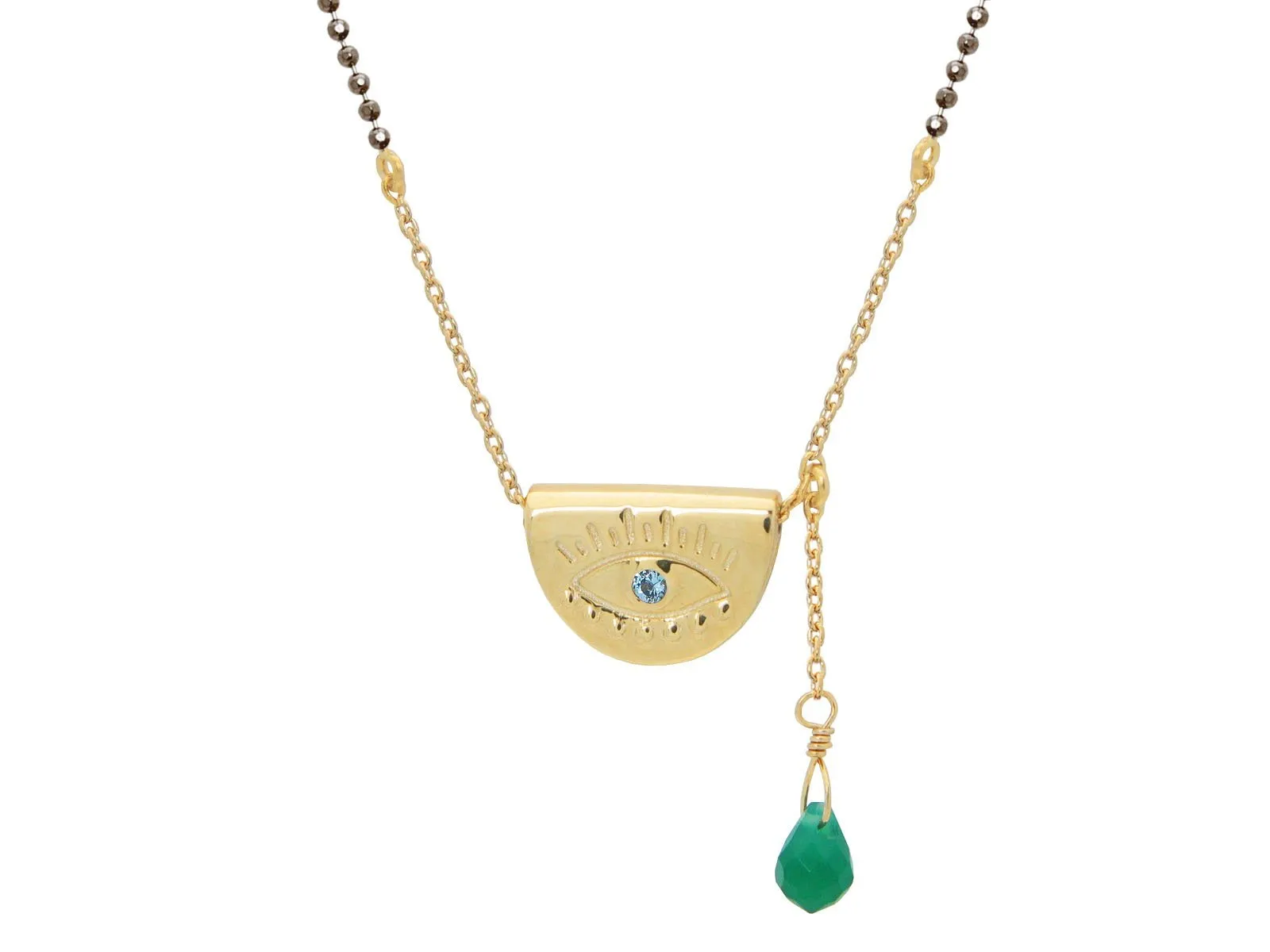 Watchful Evil Eye Pendant Necklace: Sterling SIlver Gold Plated Pendant , Black Rhodium Beads Chain , 16" Length