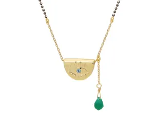 Watchful Evil Eye Pendant Necklace: Sterling SIlver Gold Plated Pendant , Black Rhodium Beads Chain , 16" Length