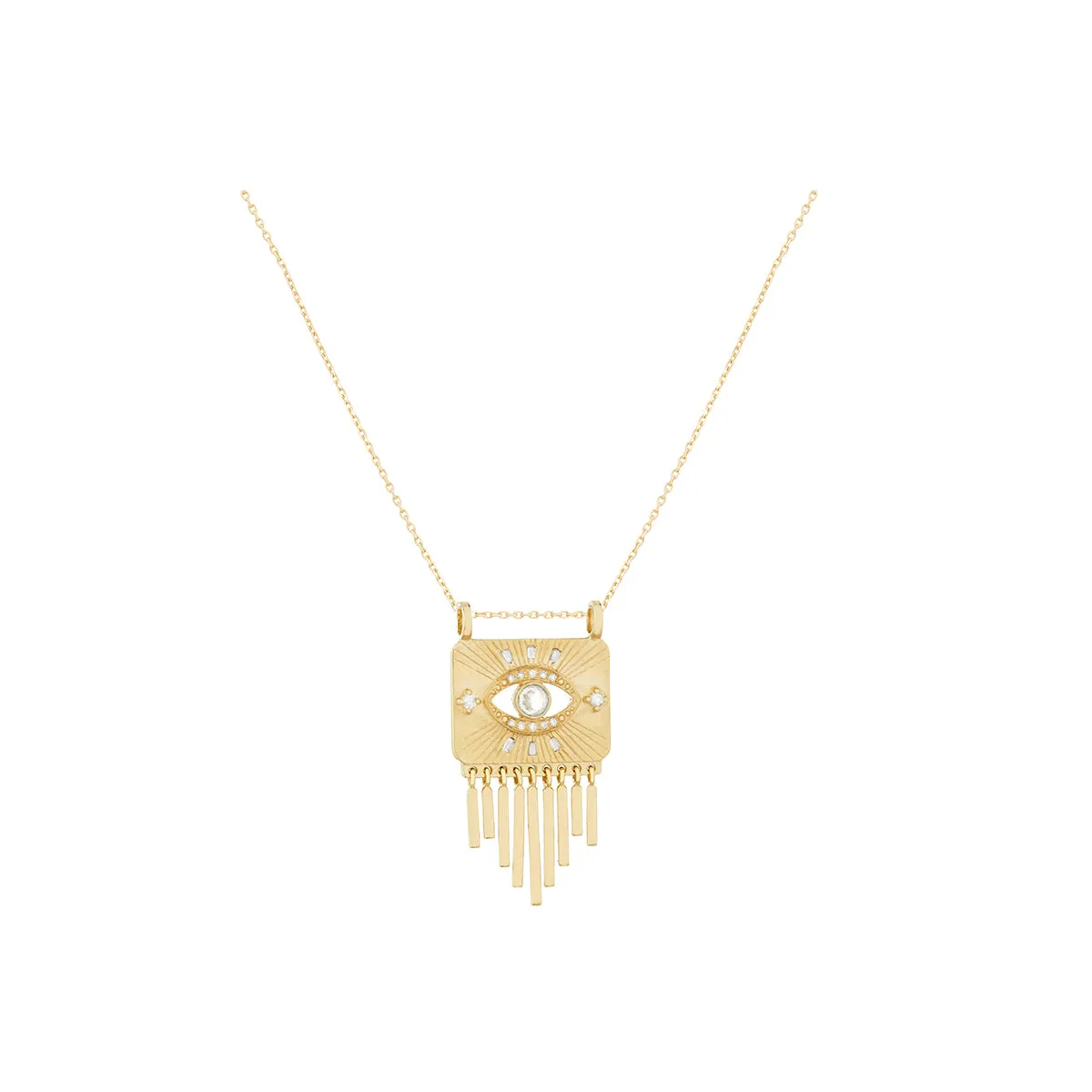 White Sapphire Eye Plate with White Diamonds and Dangling Details Chain Necklace