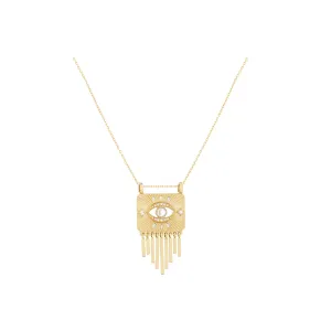 White Sapphire Eye Plate with White Diamonds and Dangling Details Chain Necklace