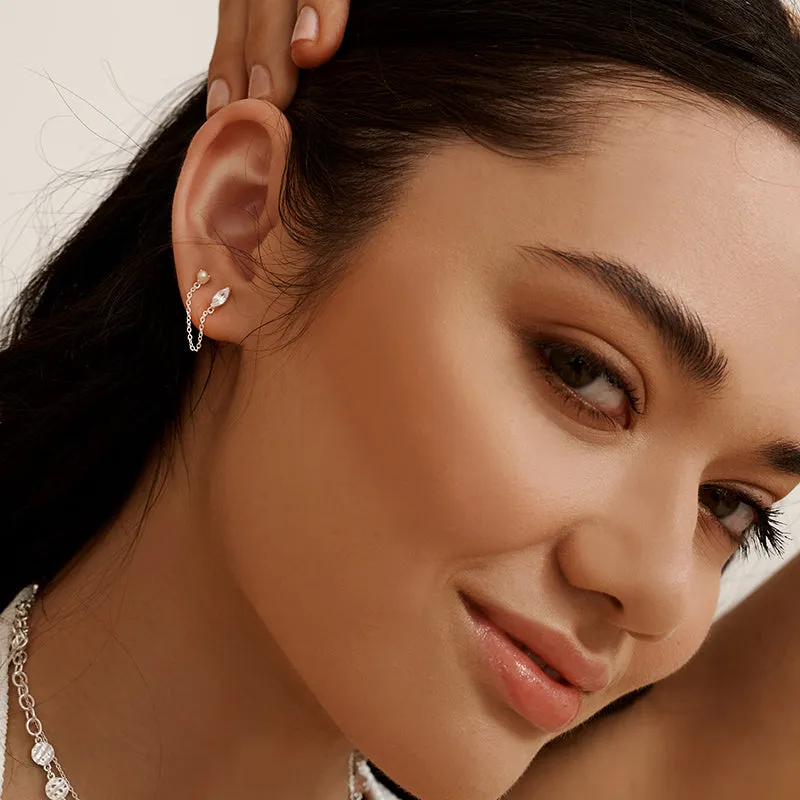 WHITE TOPAZ AND PEARL CHAIN EARRINGS