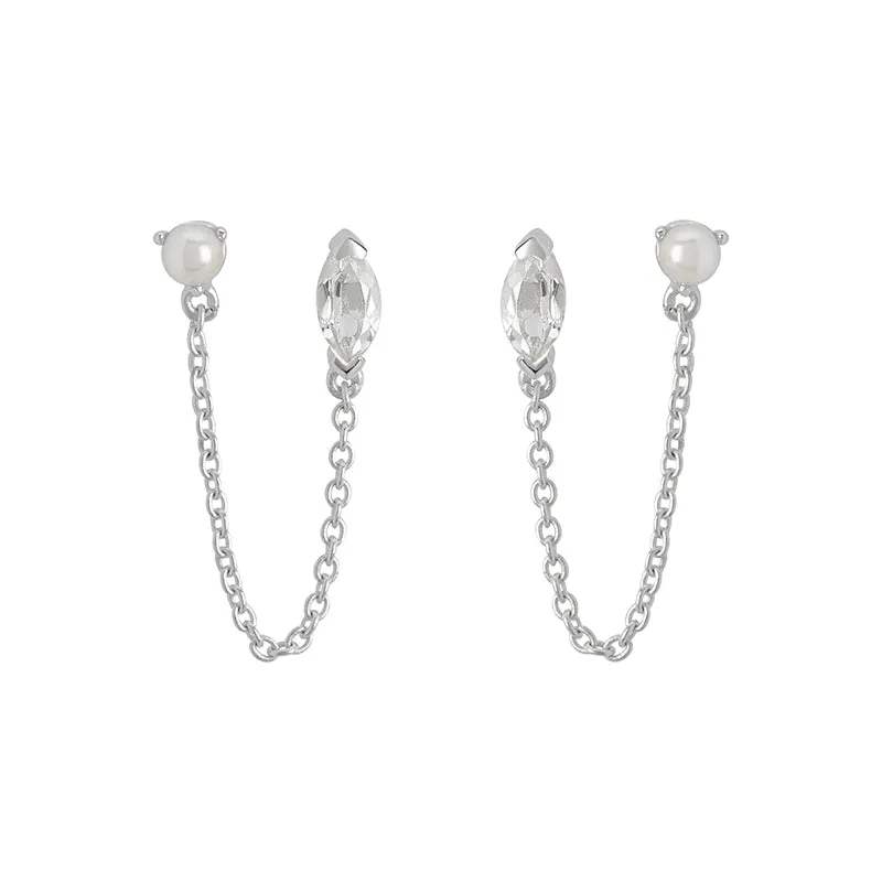 WHITE TOPAZ AND PEARL CHAIN EARRINGS