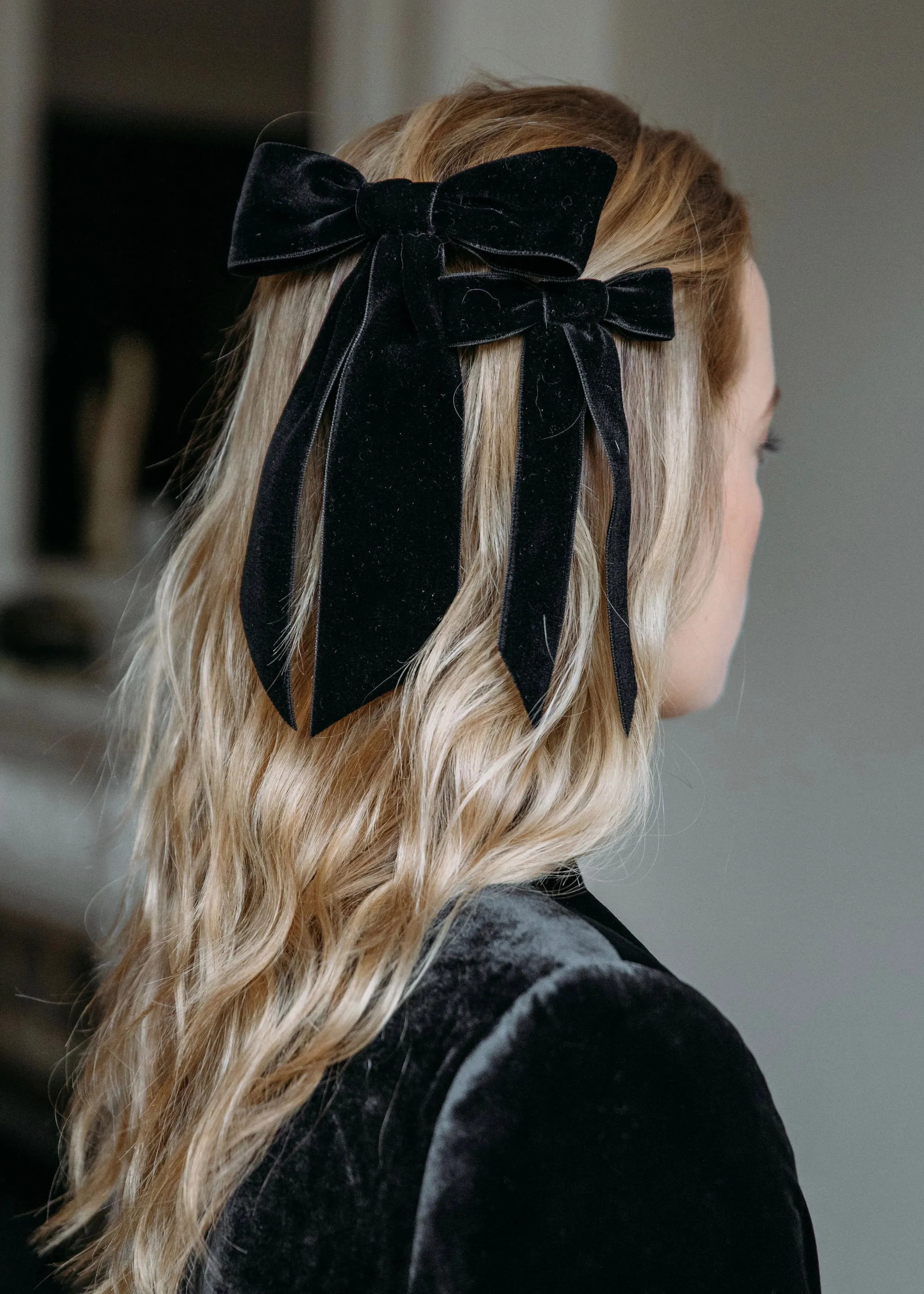 Wide Velvet Bow Barrette -- Black